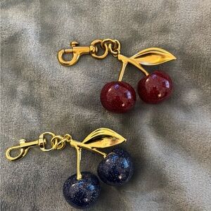 Set of 2 Red and Dark Blue Cherry Keychain Set with Gold Accents